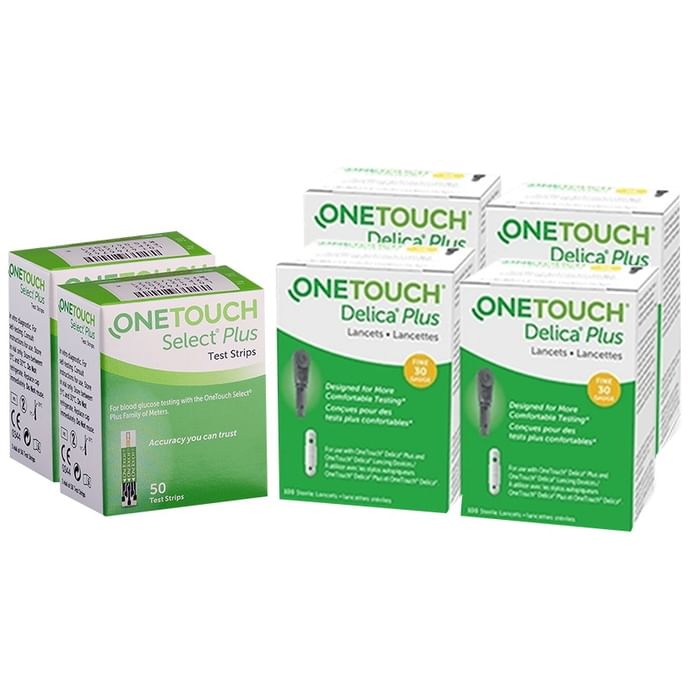 Combo of 2 Pack of OneTouch Select Plus Test Strip (50 Each) & 4 Pack of OneTouch Delica Plus Lancet (25 Each) - Classic Derma
