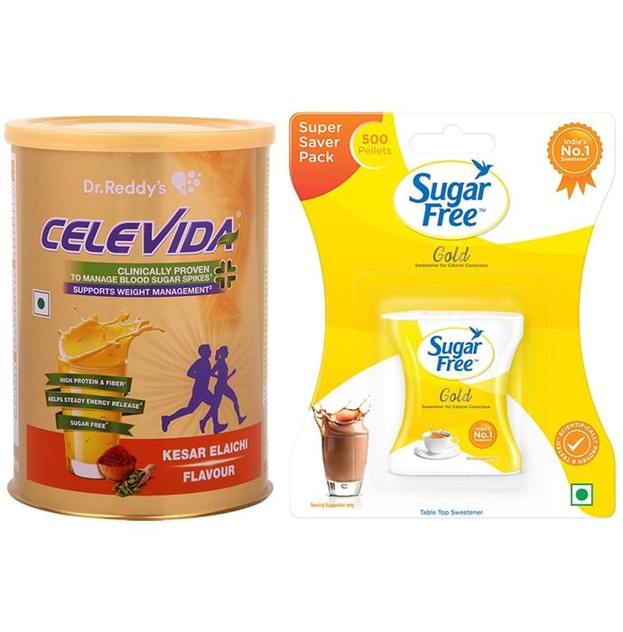 Combo Pack of Celevida Kesar Elaichi Nutrition Drink 400gm & Sugar Free Gold Low Calorie Sweetener Super Saver Pack 500 Pellet - Classic Derma