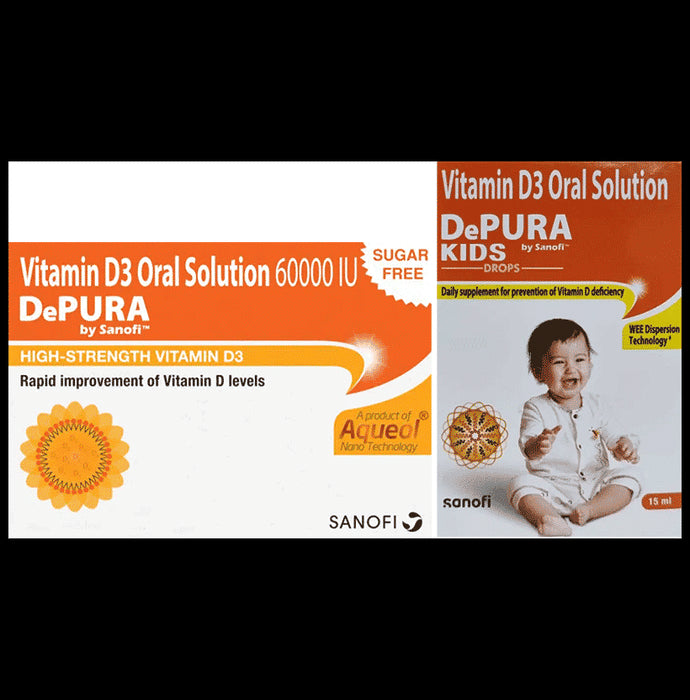 Combo Pack of Depura 60000 IU Vitamin D3 Oral Solution Sugar Free (5ml) & Depura Kids Nano Drop (15ml) - Classic Derma