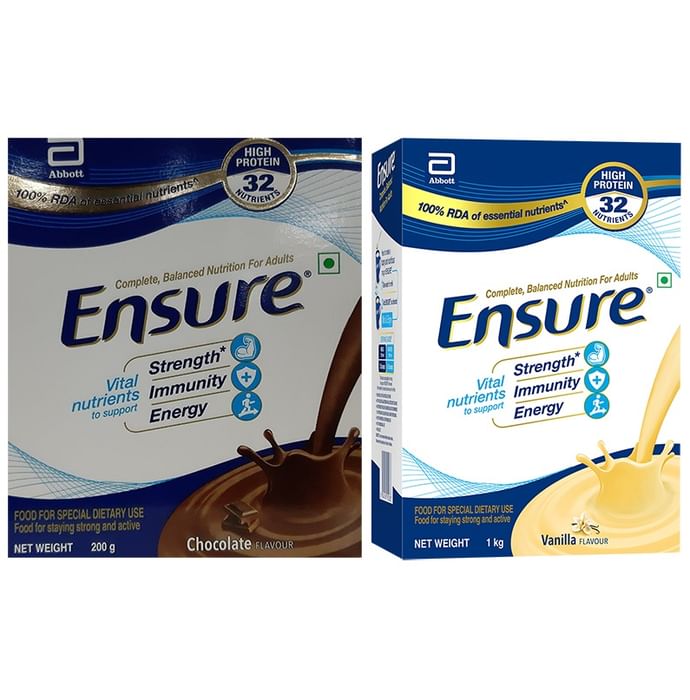 Combo Pack of Ensure Vanilla Powder Refill 1kg & Ensure Chocolate Powder 200gm - Classic Derma