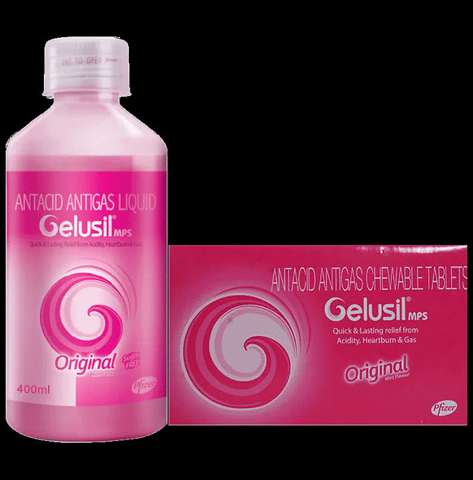 Combo Pack of Gelusil Mps Chewable Tablet Mint (15) & Gelusil MPS Original Liquid Sugar Free Mint (400ml) - Classic Derma