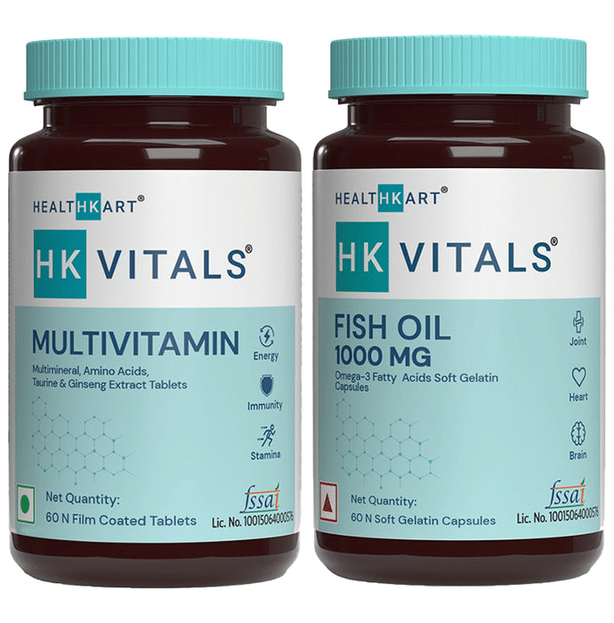 Combo Pack of HealthKart HK Vitals Fish Oil Omega 3 Fatty Acids Soft Gelatin Capsule & HealthKart HK Vitals Multivitamin Tablet (60 Each) - Classic Derma