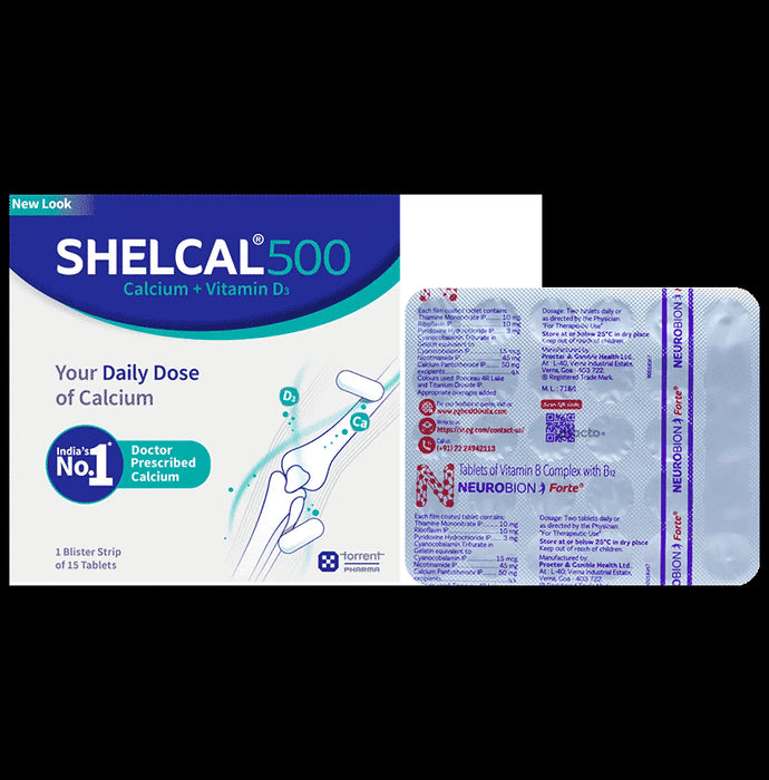Combo Pack of Neurobion Forte Tablet (30) & Shelcal 500 Calcium+Vitamin D3 Tablet (15) - Classic Derma