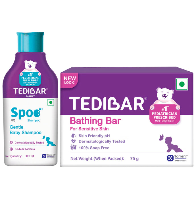 Combo Pack of Tedibar Soap (75) & Curatio New Spoo Gentle Baby Shampoo (125) - Classic Derma