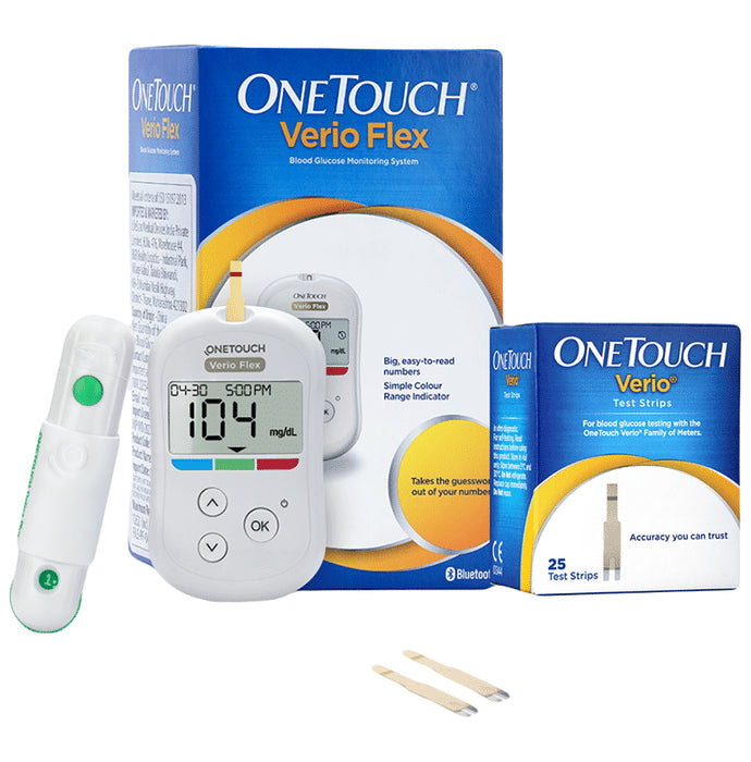 OneTouch Combo Pack of Verio Flex Glucometer (Box of 10 Test strips Free) & Verio Test Strip - Classic Derma