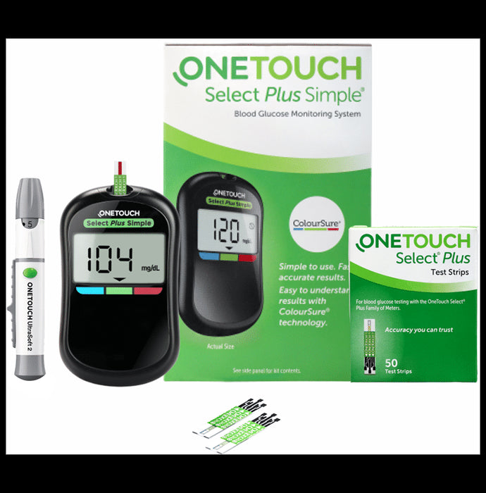 OneTouch Select Plus Combo of Simple Glucometer with 10 Free Strips & 50 Test Strips - Classic Derma