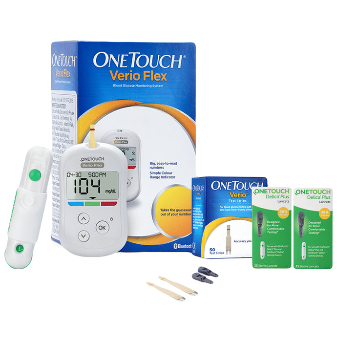 OneTouch Verio Flex Blood Glucose Monitor Value Pack (with 10 Test Strip Free) + 1 Pack of 50 Test Strip + 2 Pack of 25 Lancet - Classic Derma