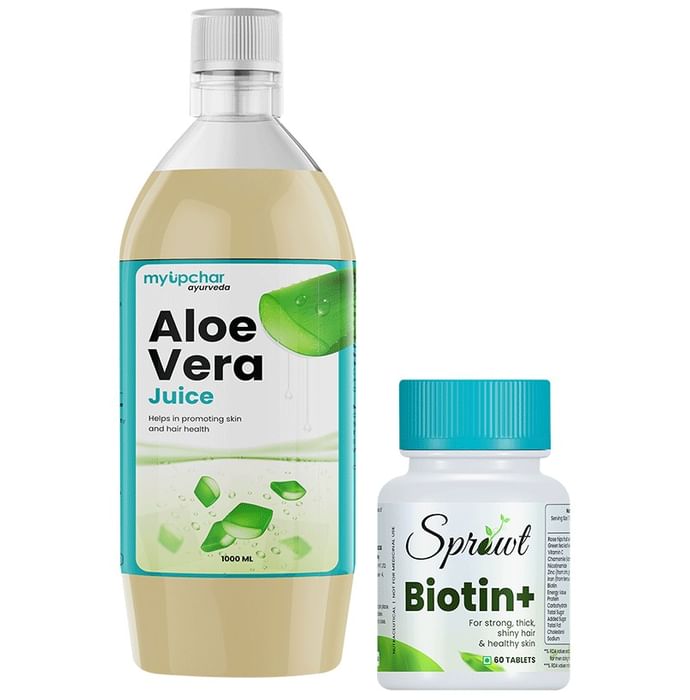 Myupchar Ayurveda Hair Growth Kit Biotin + Tablet (60) & Aloe Vera Juice (1000ml) - Classic Derma