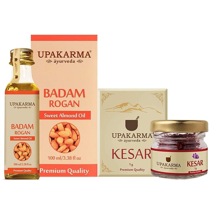 Upakarma Ayurveda Combo Pack of Badam Rogan Sweet Almond Oil 100ml & Kesar 1gm - Classic Derma