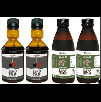 Hindrishi Ayurveda Combo Pack of 2 Bottle of Zero Tar 100% Ayurvedic Syrup & 2 Bottle of Liv Revive Liver Detoxification Syrup (150ml Each) - Classic Derma