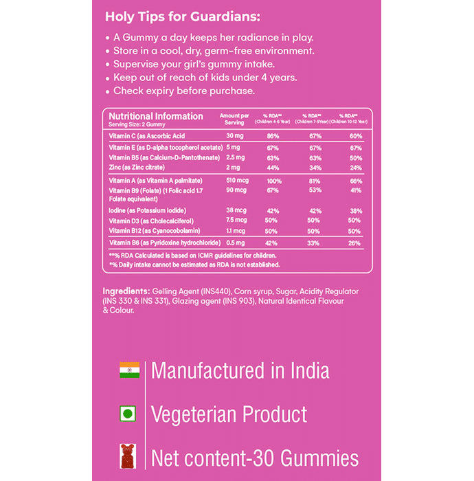HolyBear GROWGIRL Multivitamin & Immunity Gummies For Girls with Zinc and Iodine Flavour Strawberry