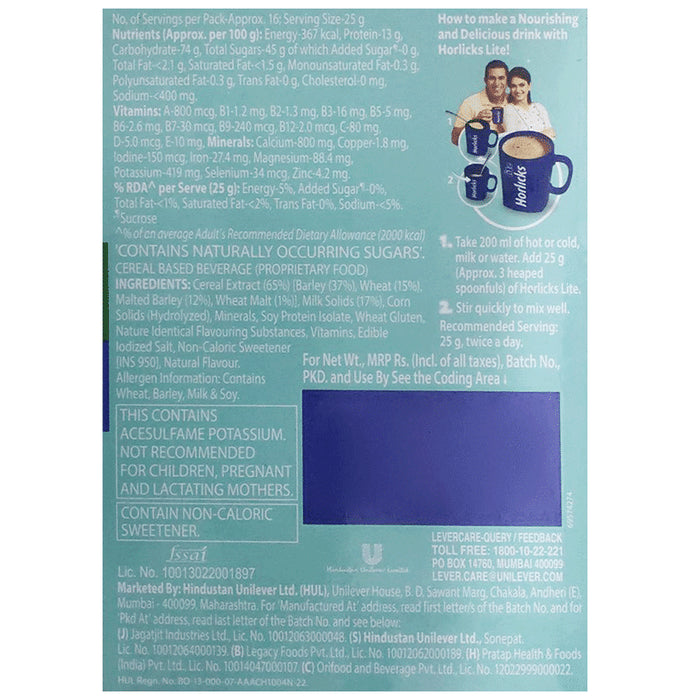 Horlicks Lite with Antioxidant Nutrients, Protein & No Added Sugar for Stamina, Bones, Immunity & Growth Powder Badam