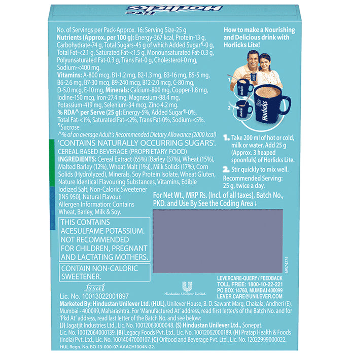 Horlicks Lite with Antioxidant Nutrients, Protein & No Added Sugar for Stamina, Bones, Immunity & Growth Powder Badam