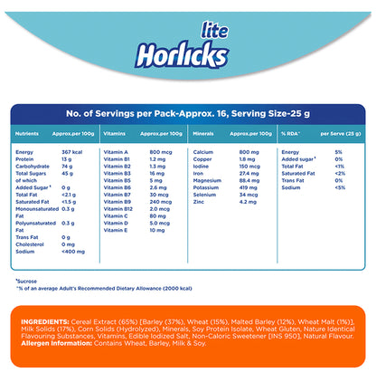 Horlicks Lite with Antioxidant Nutrients, Protein & No Added Sugar for Stamina, Bones, Immunity & Growth Powder Regular Malt