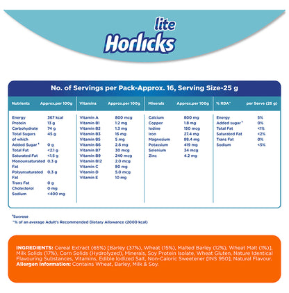 Horlicks Powder Lite with Antioxidant Nutrients, Protein No