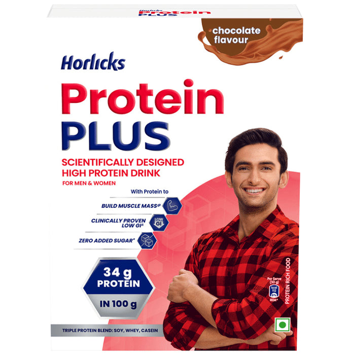 Horlicks Protein Plus with Triple Protein Blend of Soy, Whey, Casein | No Added Sugar | Flavour Chocolate - Classic Derma