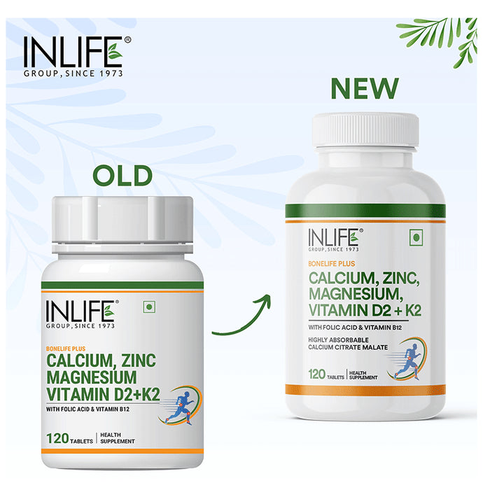 Inlife Bonelife Plus | With Calcium, Zinc Magnesium, Vitamin D2+K2 with Folic Acid for Bone Health | Tablet