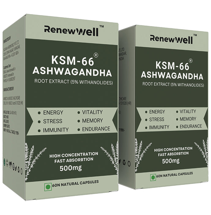 Renewwell KSM 66 Ashwagandha Capsules (60 Each) - Classic Derma