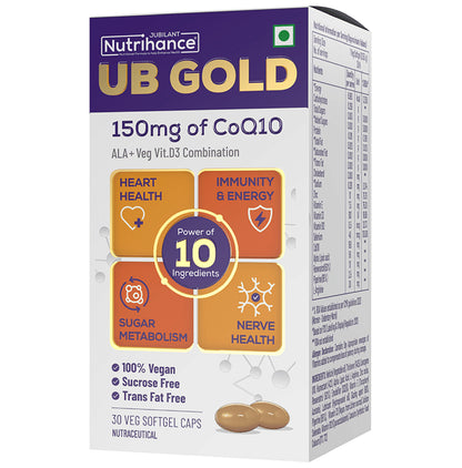 Jubilant Nutrihance UB Gold 150mg of CoQ10 with ALA & Vitamin D3 | Veg Softgel for Heart & Nerve Health - Classic Derma