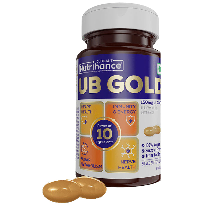 Jubilant Nutrihance UB Gold 150mg of CoQ10 with ALA & Vitamin D3 | Veg Softgel for Heart & Nerve Health