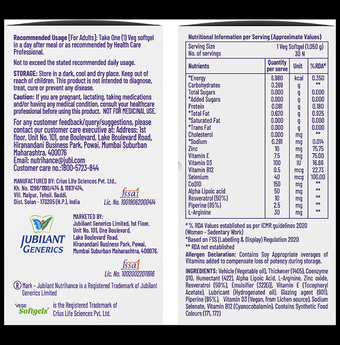 Jubilant Nutrihance UB Gold 150mg of CoQ10 with ALA & Vitamin D3 | Veg Softgel for Heart & Nerve Health