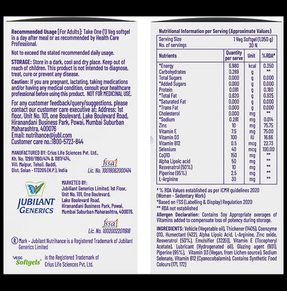 Jubilant Nutrihance UB Gold 150mg of CoQ10 with ALA & Vitamin D3 | Veg Softgel for Heart & Nerve Health