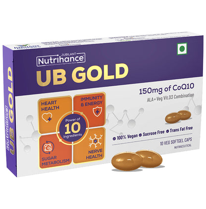 Jubilant Nutrihance UB Gold 150mg of CoQ10 with ALA & Vitamin D3 | Veg Softgel for Heart & Nerve Health - Classic Derma