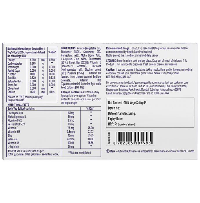 Jubilant Nutrihance UB Gold 150mg of CoQ10 with ALA & Vitamin D3 | Veg Softgel for Heart & Nerve Health