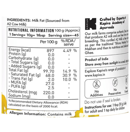 Kapiva A2 Desi Pure Foods 100% Organic Cow Ghee | Good Fats for Healthy Heart