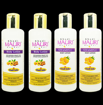 Khadi Mauri Herbal Combo Pack of Vitamin C Body Lotion and Body Lotion with Natural Beauty Oils Apricot with Almonds Oils (210ml Each) - Classic Derma
