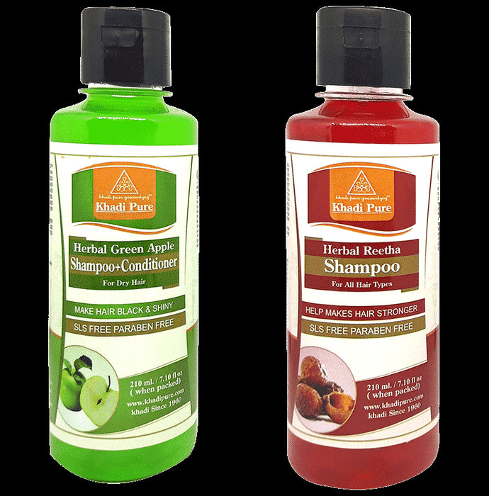 Khadi Pure Combo Pack of Herbal Green Apple Shampoo + Conditioner & Herbal Reetha Shampoo SLS & Paraben Free (210ml Each) - Classic Derma