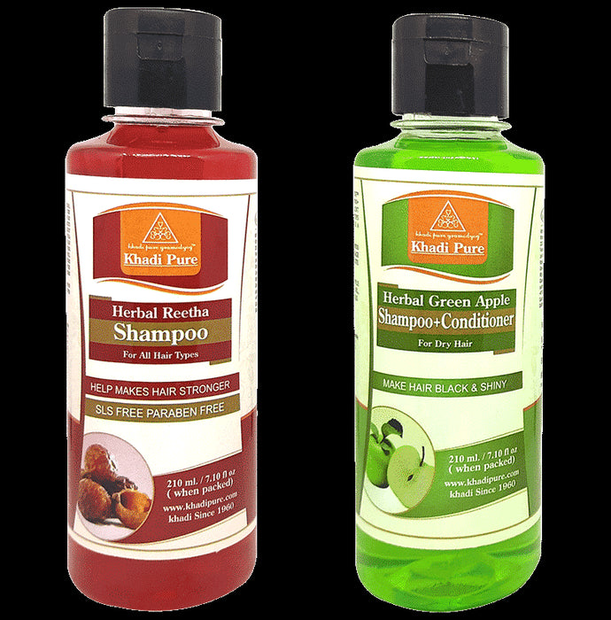 Khadi Pure Combo Pack of Herbal Green Apple Shampoo + Conditioner & Herbal Reetha Shampoo SLS & Paraben Free (210ml Each) - Classic Derma
