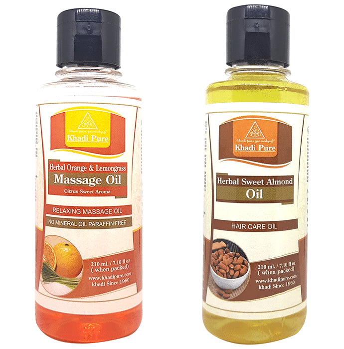 Khadi Pure Combo Pack of Herbal Sweet Almond Oil & Herbal Orange & Lemongrass Massage Oil No Mineral Oil & Paraffin Free (210ml Each) - Classic Derma