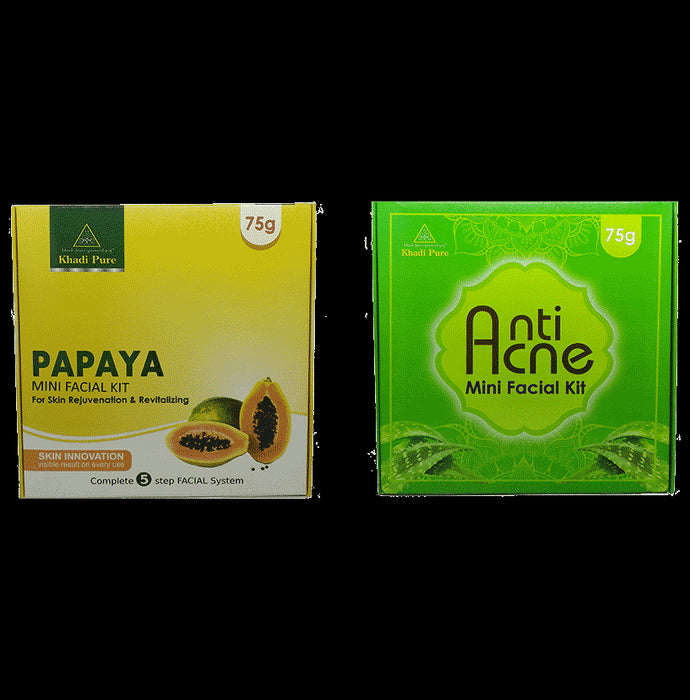 Khadi Pure Combo Pack of Papaya Mini Facial Kit & Anti Acne Mini Facial Kit (75gm Each) - Classic Derma