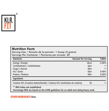 KLR. FIT Creatine HCL Powder Raw Unflavoured