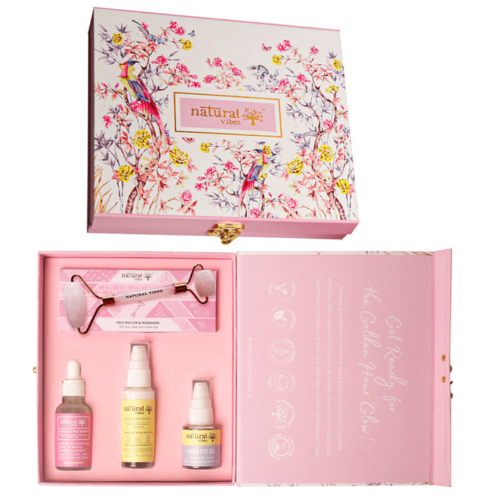 Natural Vibes Glow Getter Gift Set with Rose Quartz Face Roller, Sunscreen Lotion, Glow 'd Up Serum and Under Eye Gel Serum - Classic Derma