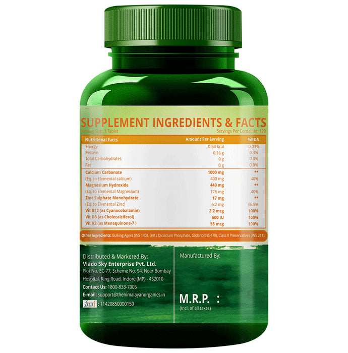 Himalayan Organics Calcium + Magnesium + Zinc | With Vitamin D3 & B12 for Healthy Bones | Tablet