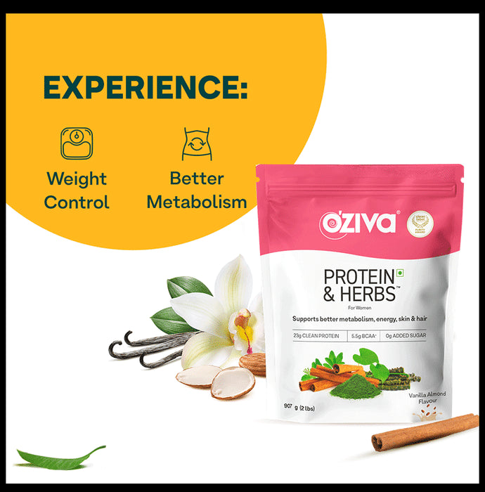 Oziva Protein & Herbs Whey Protein | For Metabolism, Energy, Skin & Hair | For Women| Flavour Vanilla Almond