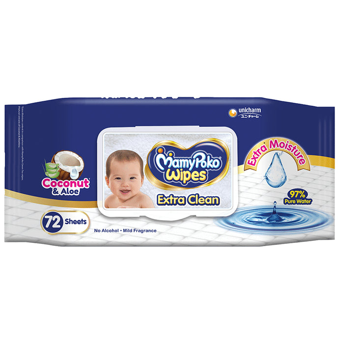 MamyPoko Extra Clean Wipes (72 Each) Coconut & Aloe Vera - Classic Derma