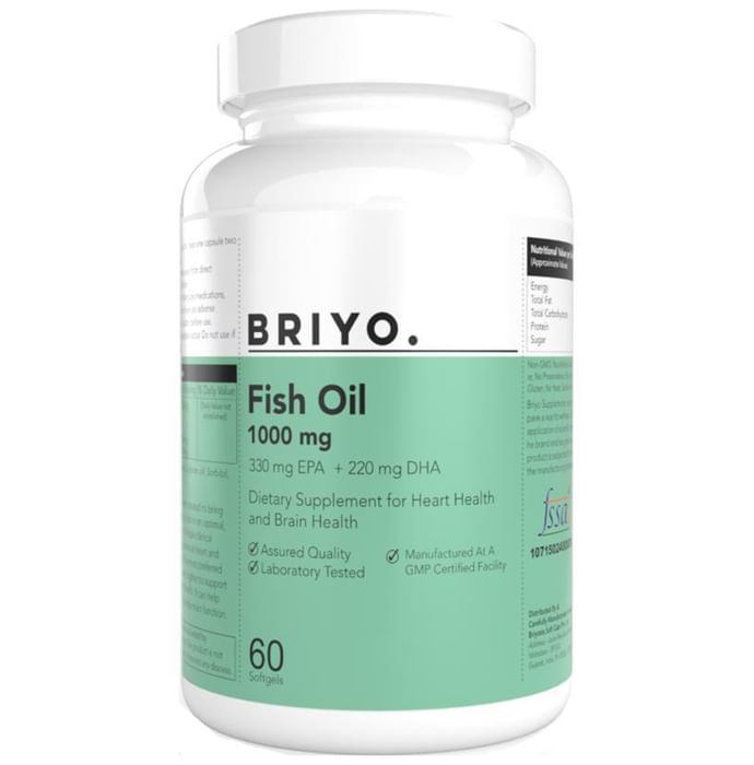 Briyo Fish Oil 1000mg (550mg Omega-3) - High EPA (330mg) & DHA (220mg) - Supports Heart and Brain Health Soft Gelatin Capsule - Classic Derma