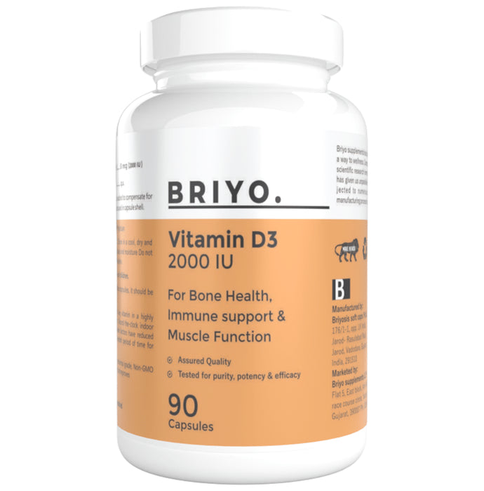 Briyo Vitamin D3 2000 IU Softgelatin Capsules | Supports Bone Health, Muscle Function, and Strengthens the Immune System - Classic Derma