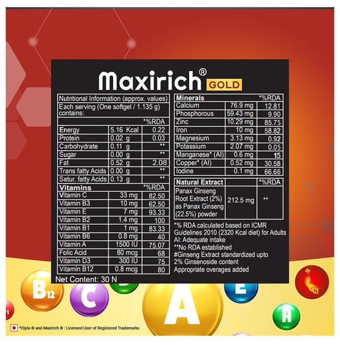 Maxirich Gold Daily Supplement with Ginseng Extract | Multivitamin for Energy, Immunity & Memory | Soft Gelatin Capsule