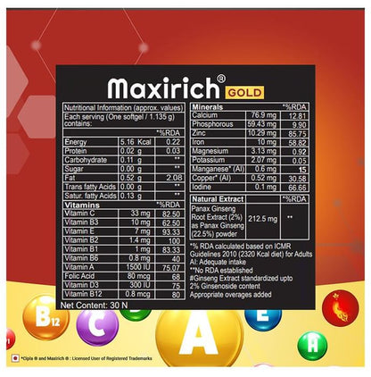 Maxirich Gold Daily Supplement with Ginseng Extract | Multivitamin for Energy, Immunity & Memory | Soft Gelatin Capsule