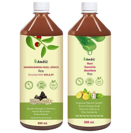 Ambic Combo Pack of Ashwagandha Musli, Konch Ras and Noni Garcinia AloeVera Ras (500ml Each) - Classic Derma