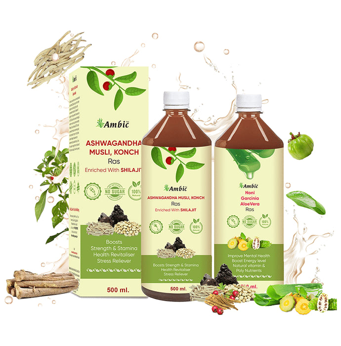 Ambic Combo Pack of Ashwagandha Musli, Konch Ras and Noni Garcinia AloeVera Ras (500ml Each)