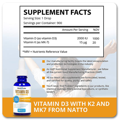 MaxX Labs Vitamin D3 Plus Vitamin K2 Drop