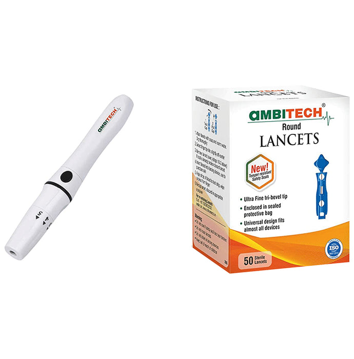 Ambitech Combo Pack of Adjustable Lancing Device with Ambitech 50 Round Lancets - Classic Derma