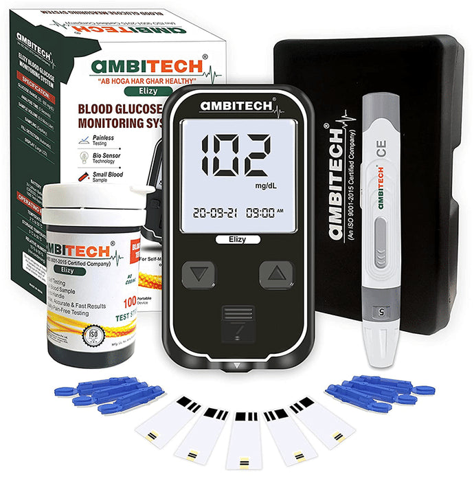 Ambitech Elizy Blood Glucometer Kit with 100 Strips & 100 Lancets - Classic Derma