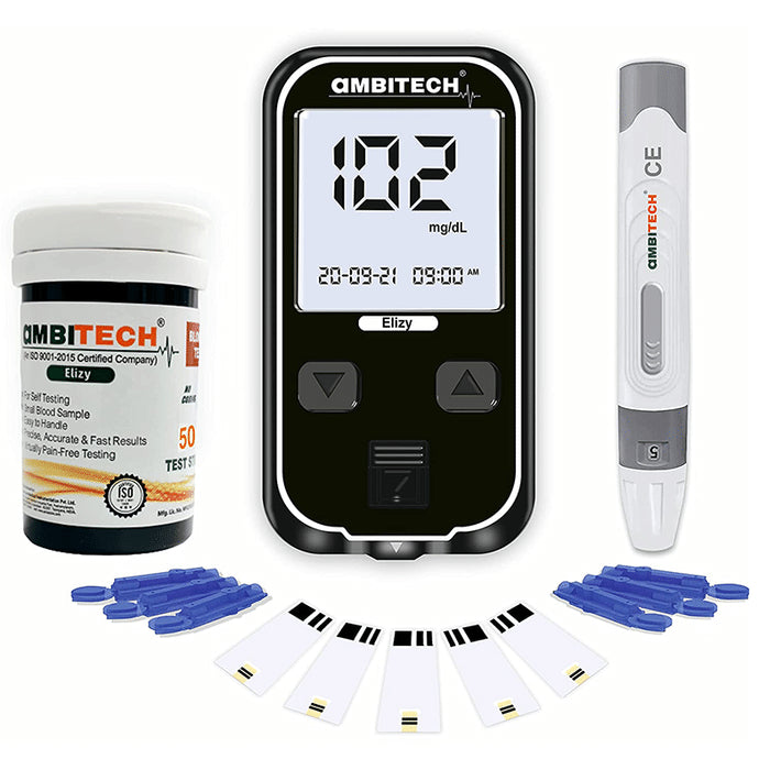 Ambitech Elizy Blood Glucometer Kit with 50 Strips & 50 Lancets - Classic Derma