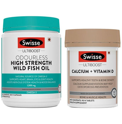 General Wellness Combo-Swisse Ultiboost Odourless High Strength Wild Fish Oil 1500mg 200 Capsule & Calcium+Vitamin D 90 Tablet - Classic Derma